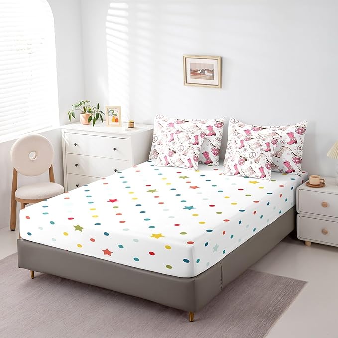 Feelyou Western Cowboy Comforter Set with Sheets King Size Kids Pink West Cowgirl 7 Pieces Bedding Set for Boys Girls Teens Rodeo Horseshoe Bed in a Bag Grunge Design Bed Set Floral Lamp Ball