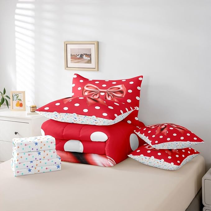 Feelyou Red Bowknot 7 Piece Bedding Set Polka Point Comforter Set with Sheets for Kids Boys Girls Cute Bow Bed in a Bag Princess Theme Bed Set Soft Lightweight