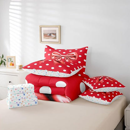 Feelyou Red Bowknot 7 Piece Bedding Set Polka Point Comforter Set with Sheets for Kids Boys Girls Cute Bow Bed in a Bag Princess Theme Bed Set Soft Lightweight