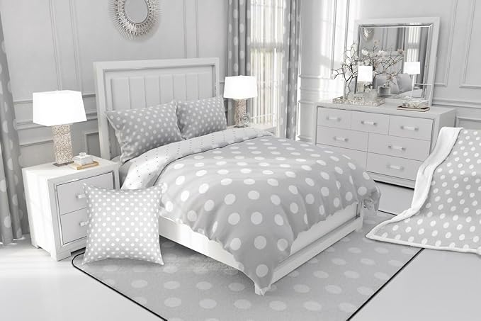 Manfei Polka Dots Kids Comforter Set,French Style Cartoon Dots Gray White Bedding Set All Season,Modern Geometric Circles Abstract Simple Art Comforter 2 Pcs with 1 Pillowcase,Twin Size