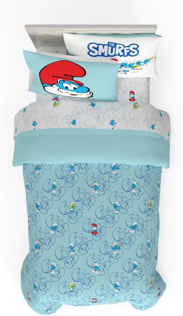 Franco The Smurfs Bedding Super Soft Cozy Reversible Comforter and Sheet Set, 4 Piece Twin Size, (Officially Licensed Product)