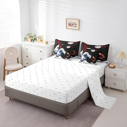 Erosebridal Koi Fish Bed in a Bag 7 Piece,Ukiyo-E Theme Comforter Set Queen,Abstract Sea Wave Decor Down Comforter,Japanese Style Fitted Sheet,Red Cherry Blsossoms Bedding Set with Pillowcase & Sham