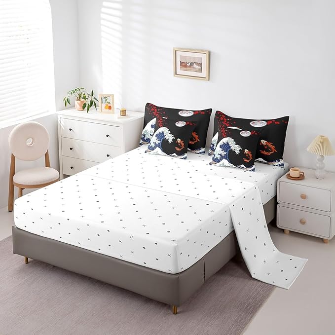 Erosebridal Koi Fish Bed in a Bag 7 Piece,Ukiyo-E Theme Comforter Set King,Abstract Sea Wave Decor Down Comforter,Japanese Style Fitted Sheet,Red Cherry Blsossoms Bedding Set with Pillowcase & Sham