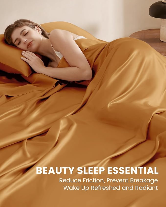 THXSILK Silk Sheet Set 3 Pcs, Twin Size Sheet Set, Soft Breathable Cooling Bed Sheets with 1 Flat Sheet, 1 Fitted Sheet, 1 Pillowcase with Zipper Closure, Deep Orange