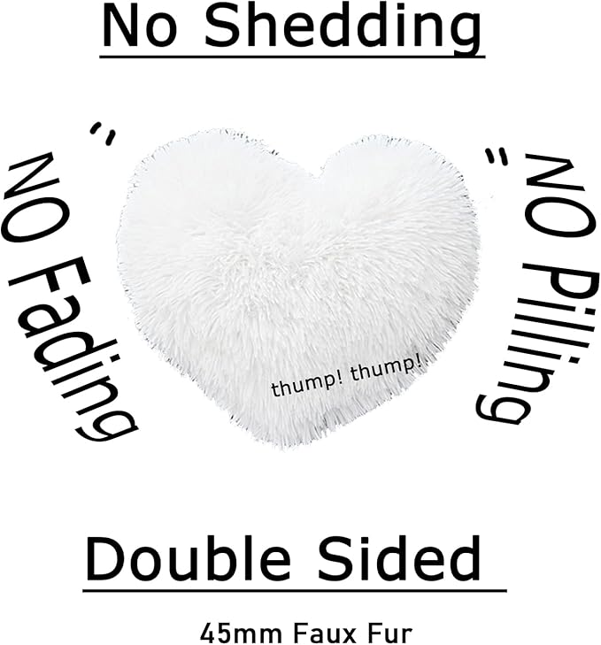 MorroMorn Fluffy Heart Throw Pillows, Shaggy Decorative Pillow for Sofa Couch Bed, Cute Room Decor Decorations for Women Girls Kids (White)