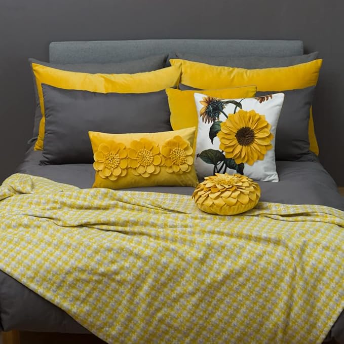 JWH 3D Flower Handmade Throw Pillow Covers Decorative Yellow Velvet Accent Pillow Cases Round Pillowcase Soft Cushion for Couch Bed Decor Euro Shams with Hidden Zipper 12 Inches Mustard