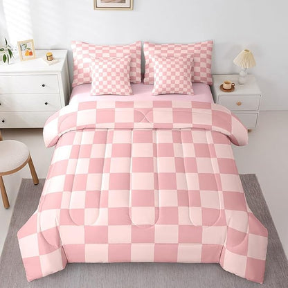 Feelyou Checkered Retro 7 Piece Bedding Set Teen Women Men Pink Gradient Plaid Comforter Set with Sheets Twin Size Kids Boys Geometric Vintage Bed in a Bag Modern Simple Groovy Aesthetic Room Decor
