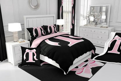 jejeloiu Kids Girls Black Pink Bow Comforter Set with Sheets Twin Size Monogrammed 7 Piece Bedding Set Personalized Initial I Bed in a Bag with Comforter,Sheets,Pillowcases Modern Fashion Bed Set