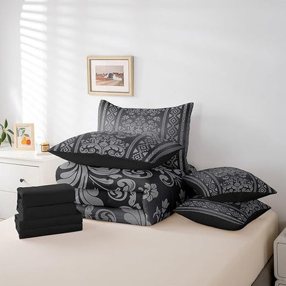 Comforter Set Queen Size, Blue Grey Aztec Damask 7 Pcs Bedding for Kids and Adults, Western Goth Floral Victorian Bed Sheet Sets with Fitted Sheet 2 Pillowcases & 2 Shams for Bedroom Bed Decor