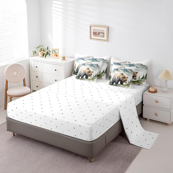 Erosebridal Rustic Bear Twin Bedding Set, Wild Woodland Animal Bed in A Bag,Bear Hunting Comforter Sets with Sheets, Watercolor Animal Theme 7 Pieces Bed Set Bedroom Decor