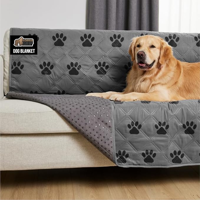 GORILLA GRIP Waterproof Bed Cover for Dogs, 82x68, Gripped Slip Resistant Backing, Leak Proof Washable Dog Blanket Covers Sofa, Couch, Sectional, Crate, Car, RV Seats, Pet Puppy Essentials, Gray Paw