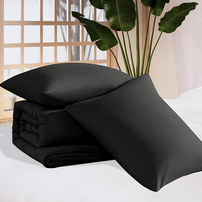 WRENSONGE King Size Comforter Set - 3 Pieces Prewashed Black Comforter Soft Lightweight for All Seasons,Fluffy Down Alternative Comforter King Size with 2 Pillow Shams