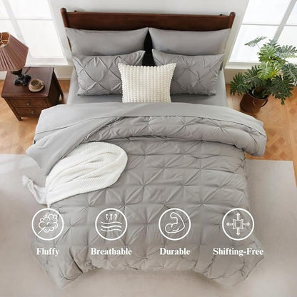 Sheet&Joy Queen Comforter Set, 7-Piece Bed in a Bag, Pintuck Bedding Sets for All Season, Includes Comforter, Flat Sheet, Fitted Sheet, Pillowcases and Pillowshams, Grey
