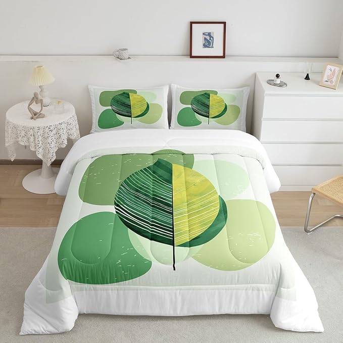 Erosebridal Green Modern Comforter Set Twin Mid Century Bedding Set, Hippie Minimalist Bedding Comforter Sets Abstract Leaves Duvet, Aesthetic Geometric Quilted Comforter White Bedroom Decoration