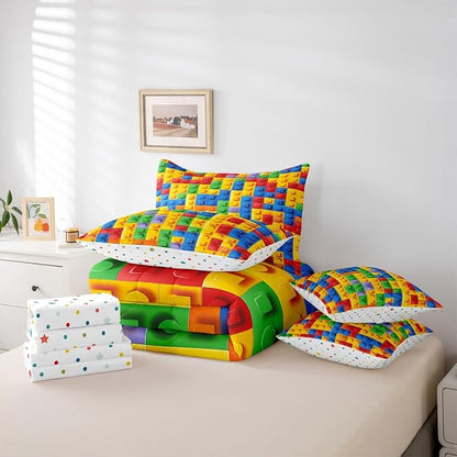 Feelyou Construction Games Comforter Set Queen Size 7 Pcs Kids Building Blocks Comforter Bed in a Bag Colorful Brick Bedding Set for Boys Girls Teens Bed Set with Sheets, Pillowcases, Pillow Covers