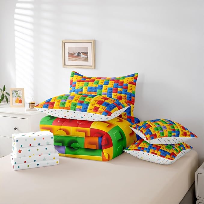 Feelyou Construction Games Comforter Set King Size 7 Pcs Kids Building Blocks Comforter Bed in a Bag Colorful Brick Bedding Set for Boys Girls Teens Bed Set with Sheets, Pillowcases, Pillow Covers