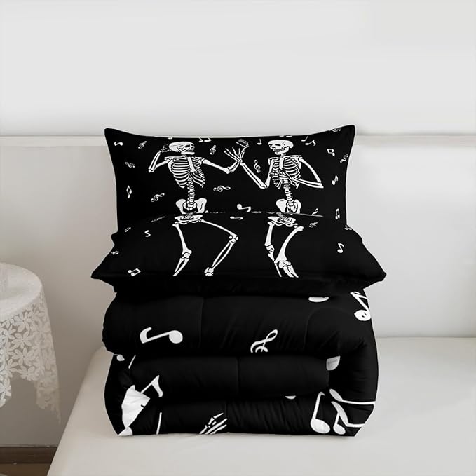 Erosebridal Halloween Skull Dancing Comforter Set Toddler, Gothic Skull Singing Bedding Set, Skeleton Music Note Comforter, Musical Notes Quilt for Kids Boys Men Goth Room Decor, 2 Piece