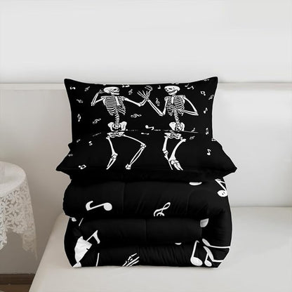Erosebridal Halloween Skull Dancing Comforter Set Toddler, Gothic Skull Singing Bedding Set, Skeleton Music Note Comforter, Musical Notes Quilt for Kids Boys Men Goth Room Decor, 2 Piece