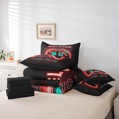 jejeloiu Red Gamer Gaming 7 Piece Bedding Set King Size for Boys Game Console Comforter Set with Sheets Kids Teens Neon Light Bed in a Bag Cool Game Room Decor Bed Set