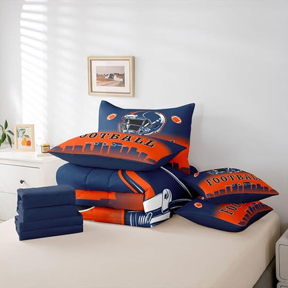 Erosebridal American Soccer Queen Boys 7 Pcs Bedding Set Sports Rugby Blue Orange Comforter Set with Sheets for Kids Teen Adults,Football City Bed in A Bag Ball Sports City Theme Bed Set