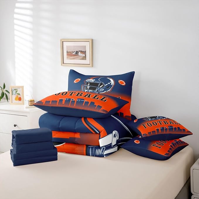 Erosebridal American Soccer Twin Boys 7 Pcs Bedding Set Sports Rugby Blue Orange Comforter Set with Sheets for Kids Teen Adults,Football City Bed in A Bag Ball Sports City Silhouette Bed Set