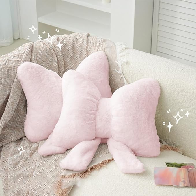 2 Pcs Plush Bow Pillow Cute Bowknot Plush Pillow Soft Bow Lumbar Pillow Home Decorative Throw Pillows for Bed Couch Living Room Decor (Pink)