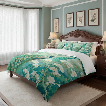 Oriental Peacock Comforter Set Twin Size, Green Bird Floral Bedding Set for Kids Bedroom Decor/68 * 86