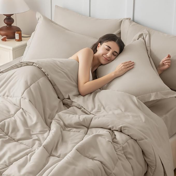 JOLLYVOGUE Full Comforter Set, Ultra-Soft Bed in a Bag Full Size 7 Pieces, Oeko-TEX Certified Bedding Set with Down Alternative Comforter, Sheets, Pillowcases & Shams, Oatmeal