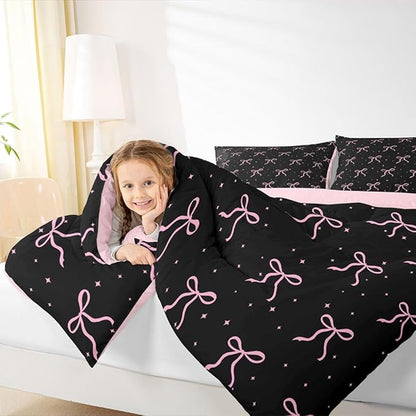 Erosebridal Girls Pink Bow Comforter Set Toddler Size Black Pink Coquette Bedding Set for Teen Girls Kids Women Bedroom Cute Girly Bows Comforter Preppy Ribbon Bowknot Quilt Duvet