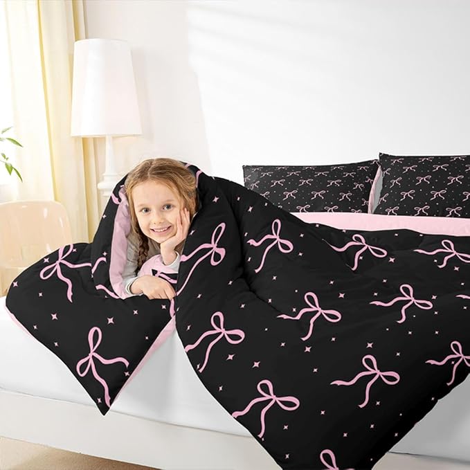 Erosebridal Girls Pink Bow Comforter Set Queen Size Black Pink Coquette Bedding Set for Teen Girls Kids Women Bedroom Cute Girly Bows Comforter Preppy Ribbon Bowknot Quilt Duvet