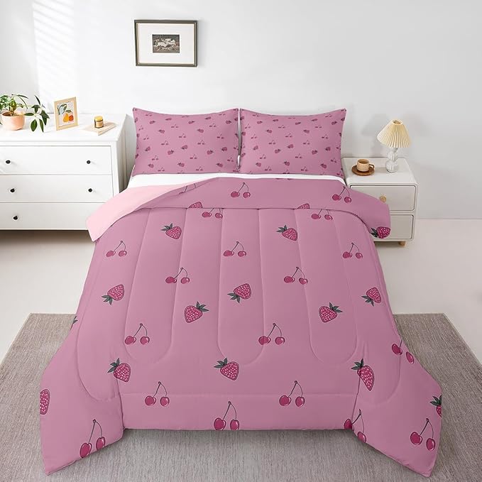 Kids Kawaii Bedding Set Full Size Cute Strawberry Comforter Set Girls Down Comforter Room Decor Cartoon Fruit Quilt Set Girly Strawberry Cherry Duvet Set Lovely Pink White With 2 Pillowcases