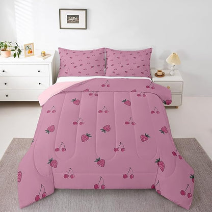 Kids Kawaii Bedding Set Queen Size Cute Strawberry Comforter Set Girls Down Comforter Room Decor Cartoon Fruit Quilt Set Girly Strawberry Cherry Duvet Set Lovely Pink White With 2 Pillowcases