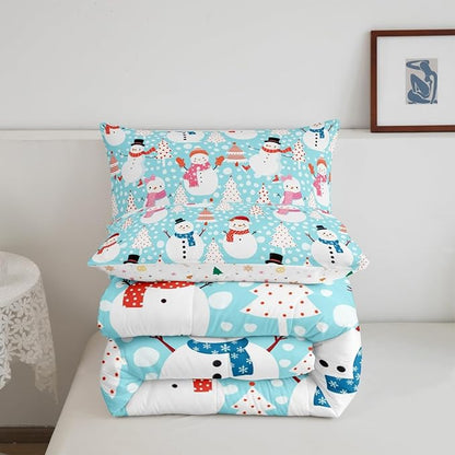 Cute Snowman Comforter Set Twin Size Cartoon Christmas Tree Bedding Set 2Pcs Red White Dots Print Theme Quilt Set for Kids Girls Boys Room Decor Watercolor Blue Duvet Insert,1 Pillowcase