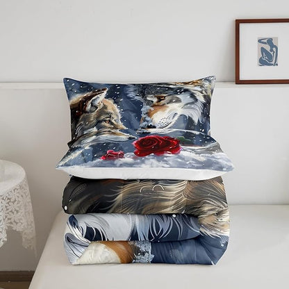 Erosebridal Wolf Full Comforter Set,Hunting Wolf Bedding Set for Kids Adults Room Decor,Wildlife Animal Safari Quilt Set Exotic Red Rose Flower Bedding Comforter Sets,2 Pillowcases