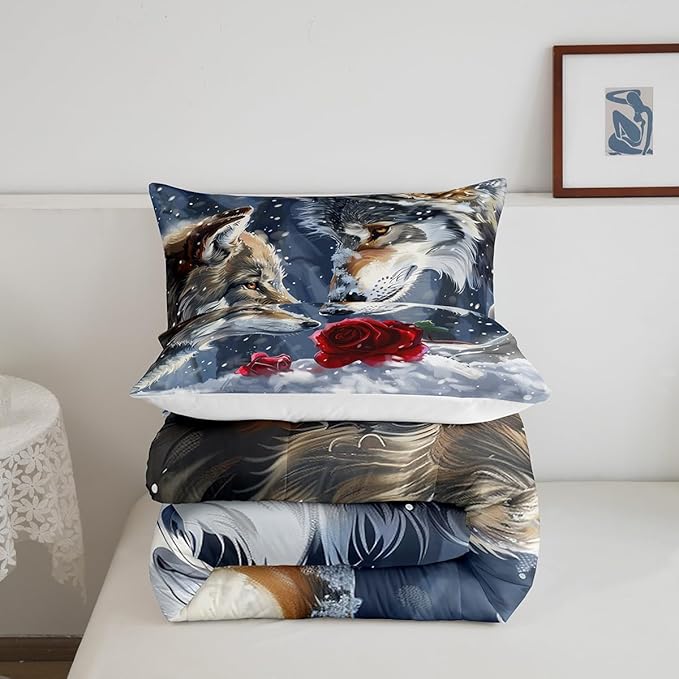 Erosebridal Wolf Twin Bedding Set,Hunting Wolf Comforter Set for Kids Boys Girls Bedroom Decor,Wildlife Animal Safari Bed Set Exotic Red Rose Floral Bedding Comforter Sets,1 Pillowcase