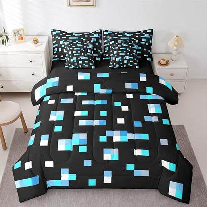 Castle Fairy Blue Miner Square Comforter Sets - 7 Pieces Full Size,Geometric Grid All Season Reversible Bed in a Bag Pixelated Games Bedding Set Pixel Style Flat Sheet,Fitted Sheet,Pillowcases