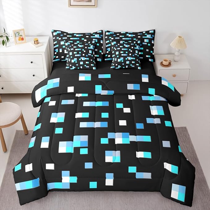 Castle Fairy Blue Miner Square 7 Piece Comforter Sets King Size,Geometric Grid All Season Reversible Bed in a Bag Pixelated Games Bedding Sets Pixel Style Flat Sheet,Fitted Sheet,Pillowcases