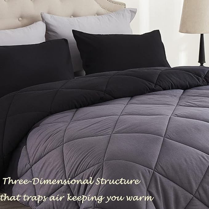 Twin Comforter Set Black - 3 Pieces Luxury Soft and Lightweight Down Alternative Bedding Set Fluffy Blanket Quilt for All Season 1 Comforter(68"×86") & 1 Pillow Sham(20"×26")