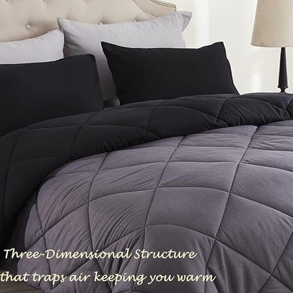 Twin Comforter Set Black - 3 Pieces Luxury Soft and Lightweight Down Alternative Bedding Set Fluffy Blanket Quilt for All Season 1 Comforter(68"×86") & 1 Pillow Sham(20"×26")
