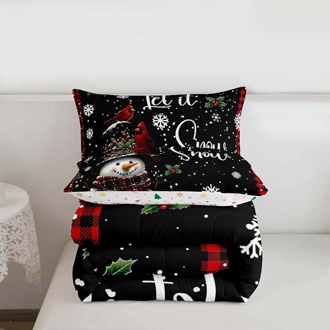 Winter Snowman Comforter Set Full Size,Merry Christmas Bedding Sets 3Pcs for Kids Girls Boys Women Room Decor,Red Black Checkered Down Comforter Northern Cardinal Quilted Duvet,2 Pillowcases