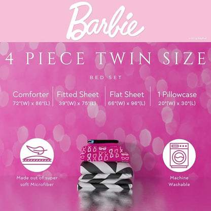 Barbie 1959 Super Soft Cozy Reversible Comforter and Sheet Set, 4 Piece Twin Size, (Official Licensed Product) by Franco Collectibles