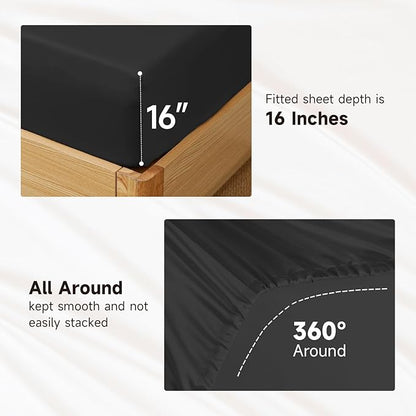 THXSILK Luxury Mulberry Silk Bed Sheets Set - 4pcs Silk Sheets Set 16" Deep Pocket - 1 Fitted Sheet, 1 Flat Sheet, 2 Pillowcases with Zipper Closure - Full, Black