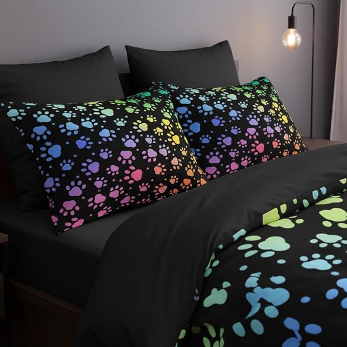 Cute Puppy Print Comforter Set Queen Size, Cartoon Paw Microfiber Bedding Set, Cozy Lovely Bedroom Decor for Adult/Women