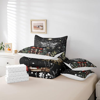 Feelyou Boho Moth Bedding Set Kids Bohemian Galaxy Comforter Set King Size 7 Pieces Boys Girls Wild Mushroom Floral Bed in a Bag Eoxtic Bed Set with Comforter, Sheet Set, Pillowcases, Pillow Covers