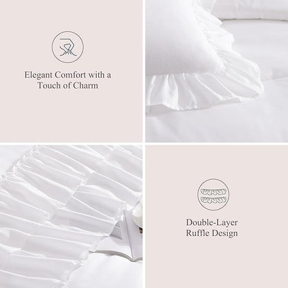 King Size Comforter Set White, Ruffle Shabby Chic Bedding Set Farmhouse 7 Pieces, All Season Fluffy Bed in a Bag with Sheets, Pillowcases & Shams