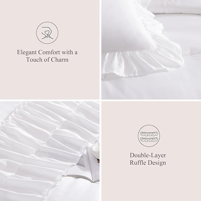 Queen Comforter Set White, Ruffle Shabby Chic Bedding Set Farmhouse 7 Pieces, All Season Fluffy Bed in a Bag with Sheets, Pillowcases & Shams