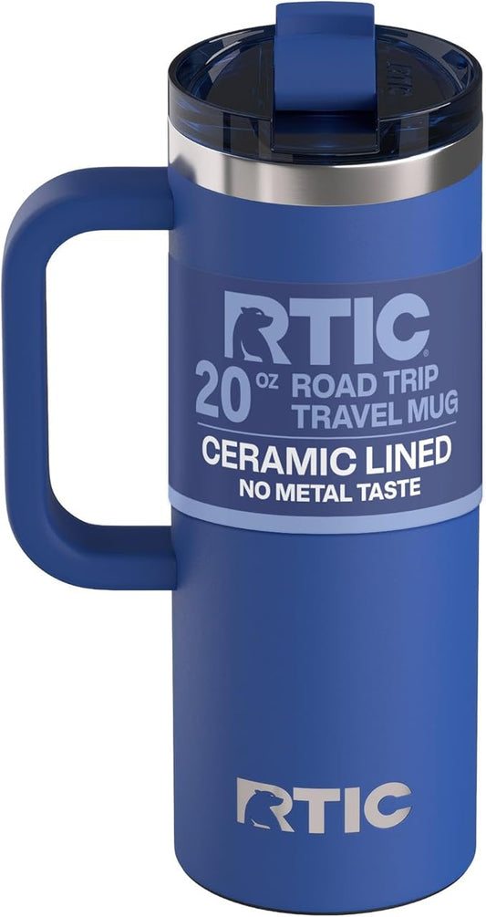 RTIC 20oz Road Trip Travel Mug with Lid and Handle, Ceramic Lined, Insulated, Stainless Steel, Metal, Double Wall Vacuum-Insulation, Portable Coffee, Tea Cup for Hot and Cold Drink, Cobalt