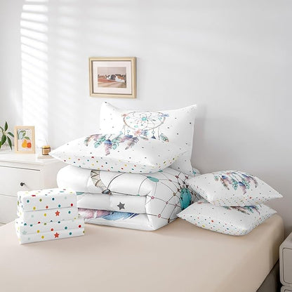Bohemian Dreamcatcher Bedding Comforter Sets Hippie Boho Dream Catcher Bed in a Bag, White Bedding Queen Size 7pcs Tribal Nordic Feathers Comforter Set, Exotic Style Ethnic Bedding Accessories