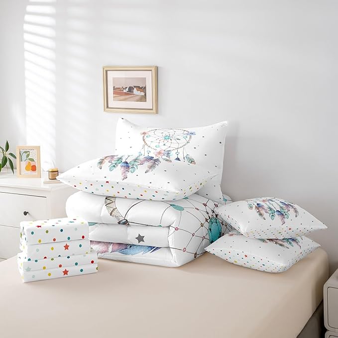 Bohemian Dreamcatcher Bedding Comforter Sets 7pcs Hippie Boho Dream Catcher Bed in a Bag, White Twin Bedding Sets Tribal Nordic Feathers Comforter Set, Exotic Style Ethnic Bedding Sets & Collections