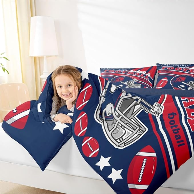 Feelyou Football Bedding Set Boys Girls Toddler Size Women Men Rugby Sports Comforter Set Football City Duvet Quilt Red Navy Blue Decor